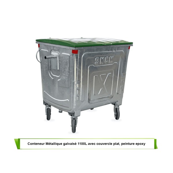 Conteneur à 4 roues en Tôle acier 1100L avec couvercle plat
